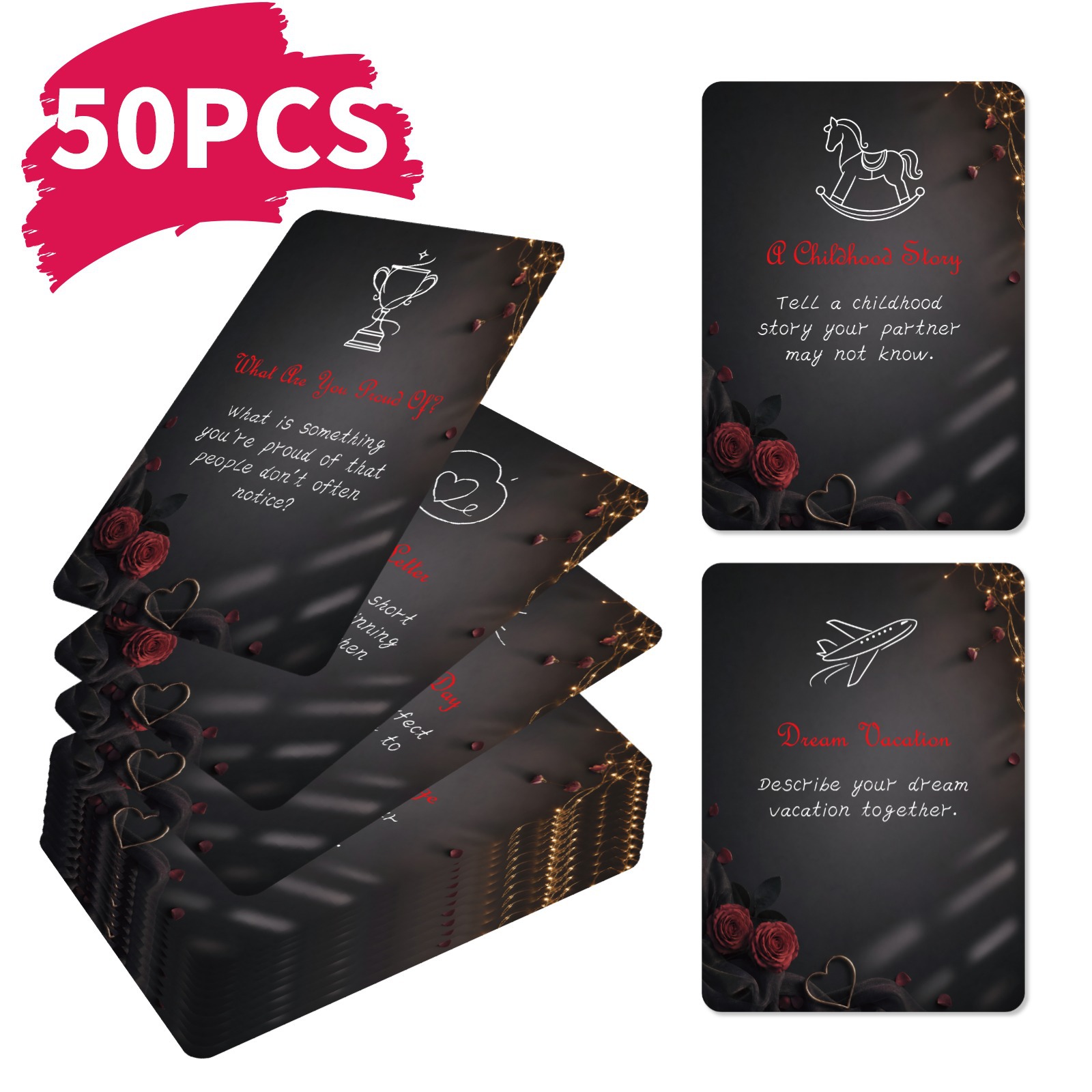 Board Game Quiz - 50Pcs Romantic Couple Challenge Cards Black
